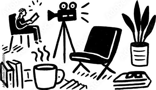 Camera and reader in a cozy indoor space. Simple black and white vector illustration featuring a set of a plant, chair, cup, and books.