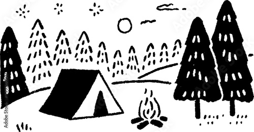 Camping scene featuring a tent and campfire among tall trees in a black and white vector illustration. Simple design portraying nature and outdoor leisure.