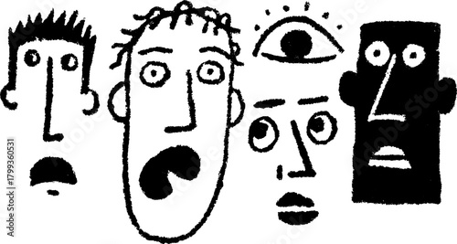 Silhouette faces with expressive features in a hand-drawn style. Unique vector illustration set showcasing various character designs.