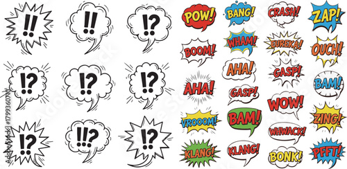 Colorful Comic Book Speech Bubbles with Exclamations and Sound Effects