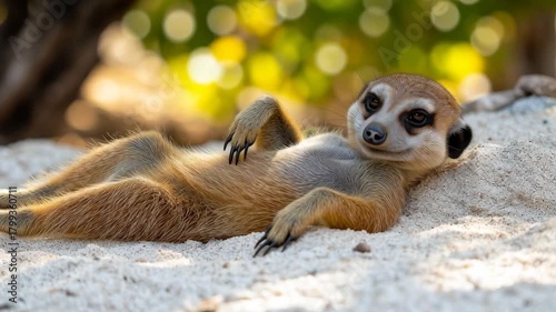 Meerkat Relaxation: A single meerkat enjoys a moment of leisure, reclining contentedly on a bed of sand in this vivid nature image, the meerkat's relaxed pose speaks of contentment and ease.
