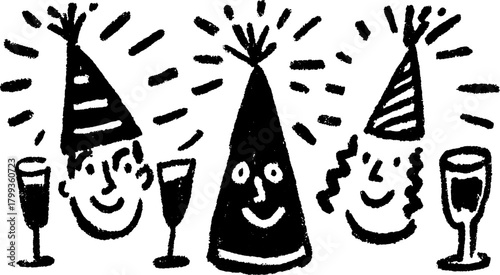 Party celebration with cheerful friends in festive hats. Simple black and white vector illustration capturing joy and merriment.
