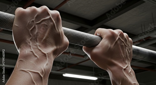 Close-up muscular hands gripping pull-up bar in gym, strength training and fitness workout