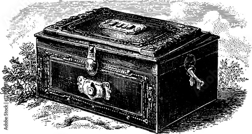 Vintage chest with a decorative lock in black and white. Detailed vector illustration of a secure container set for important items.