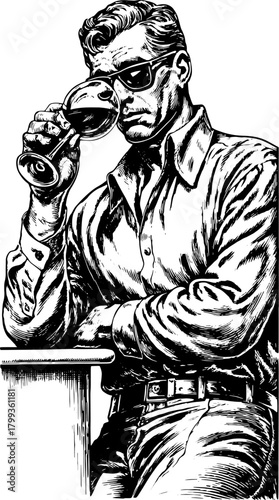 Man holding a cocktail glass in vintage style. Black and white vector illustration of a dapper figure sitting at a table.