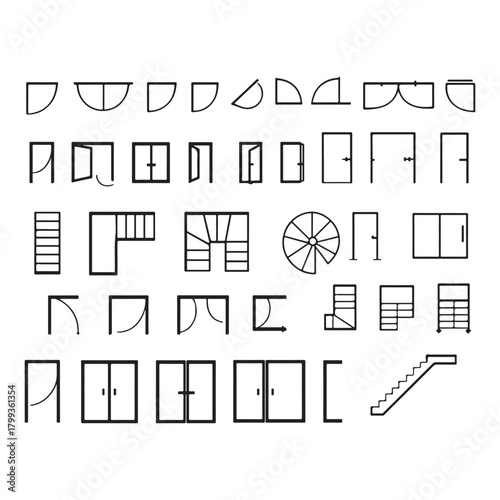 Doors, stairs for floor plan top view. Architectural elements set for apartment scheme. vector silhouette