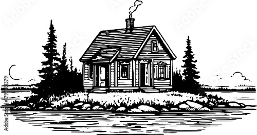 Cabin house engraving on a scenic island. Simple vintage vector illustration featuring nature, water, and trees in black and white.