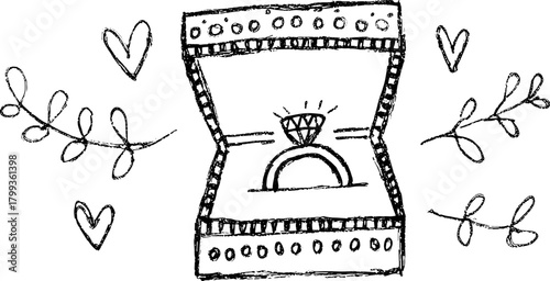 Hand-drawn ring box with a diamond, surrounded by decorative elements. Illustration in black outline, featuring a set of elegant jewelry in vector style.
