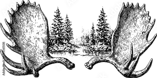 Moose antlers illustrated in black and white. Nature scene featuring trees and a river, creating a rustic wildlife vector illustration.