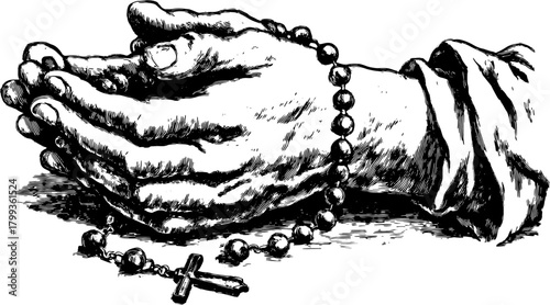 Hands in prayer position with a rosary and cross. Black and white vector illustration illustrating spiritual symbolism.