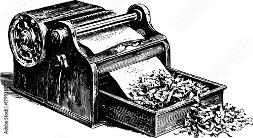 Vintage paper shredder illustration in black and white. This classic device is depicted in a simple and clear vector format.