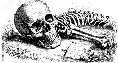 Skeleton and skull engraving in vintage style. Detailed black and white illustration with line work, set in a vector format.