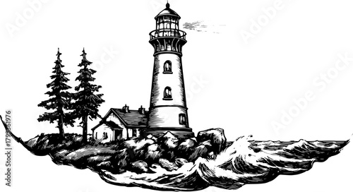 Engraving of a lighthouse by the ocean. Vintage vector illustration featuring trees and waves, in black and white set.