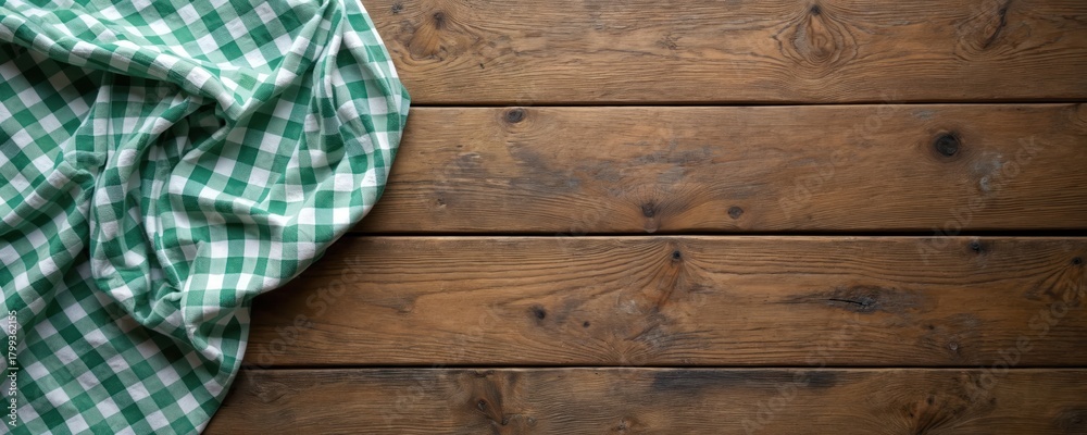 Naklejka premium Green checkered cloth lies on a rustic wooden table. Empty space for text on the right. Top view of a picnic or kitchen background. Use for menus, cards, or web design.