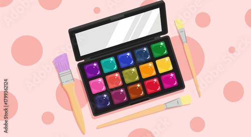 Open makeup palette with colorful eyeshadows and brushes