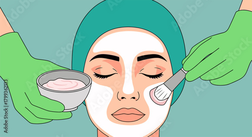 Closeup of a woman's face receiving a facial mask application