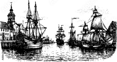 Vintage engraving illustration of ships in a harbor. The detailed line drawing features boats and an old architectural backdrop in black and white vector style.