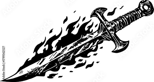 Vintage sword with flames in a bold outline style. A vector illustration depicting a weapon design with classic engraving elements.