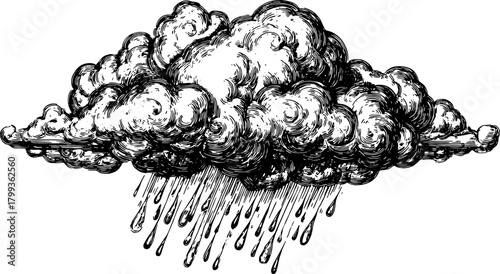 Vintage cloud illustration in line engraving style. Detailed weather element combines rain in a classic vector set design.