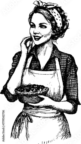 Vintage woman cooking in an apron, holding a bowl of pie. Black and white vector illustration showcasing a classic kitchen theme.