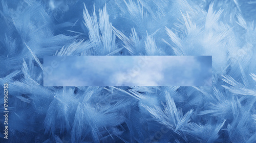 Frozen crystals texture creates captivating winter background with sky blue rectangle.