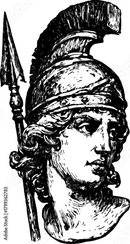 Warrior with helmet and spear in vintage drawing style. Classical monochrome vector illustration of a female figure, capturing historical essence.