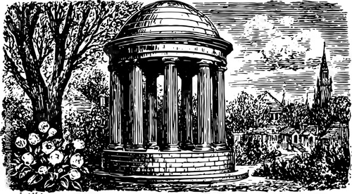 Historic temple structure with columns in a natural landscape. Black and white vector illustration featuring detailed architecture and foliage.