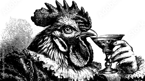 Rooster illustration in vintage style holding a martini glass. Detailed black and white vector art set representing classic charm.