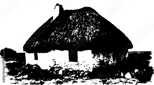 Vintage hut drawing in black silhouette style. The intricate illustration showcases rural architecture in a detailed vector set.