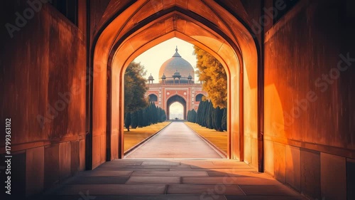 Gateway to Grandeur: A symmetrical stone archway frames a breathtaking view of a majestic palace, its dome and archway bathed in the warm hues of the sun.