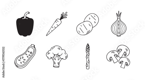 Collection of hand drawn vegetable illustrations in a distinctive silhouette style