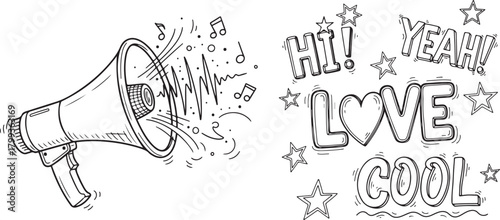Hand-drawn Doodle Art with Megaphone, Sound, and Positive Expressive Text