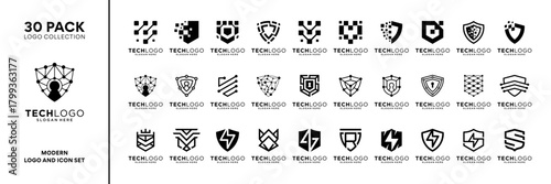 Set of shield technology logo design inspiration. Geometric abstract logo icon vector isolated on white background.
