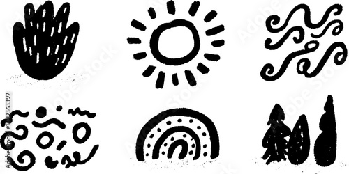 Set of simple black graphics: plant, sun, wave, rainbow, and tree. Minimalist vector illustration showcasing modern nature elements.