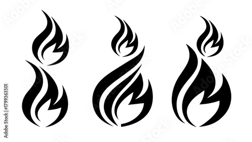Three stylized flame icons in black and white with a unique arrow like design element inside each flame vreated with genrated ai