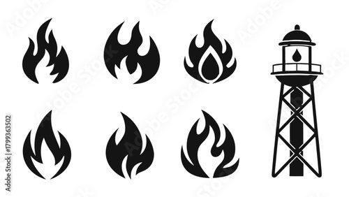 Illustration of six flame icons and one water tower icon in a simple black and white design style vreated with genrated ai