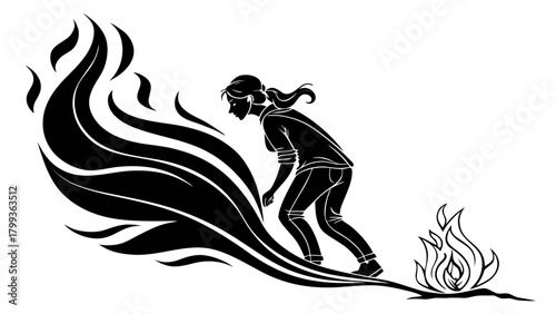 Silhouette of woman bending forward with fire and smoke in a monochrome black and white design vreated with genrated ai