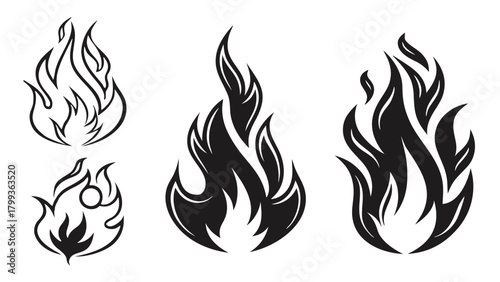 Collection of stylized flame illustrations in varying shapes and sizes on a white background vreated with genrated ai