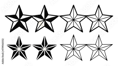 Collection of black and white star shapes in varying styles arranged in two horizontal rows vreated with genrated ai