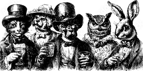 Vintage illustration featuring a set of dressed animals: cat, dog, rabbit, and owl holding drinks. Black and white vector art style.