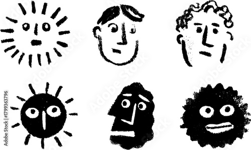 Cartoon faces and sun illustrations in a hand-drawn style. Black outline vector set featuring unique expressions for creative projects.