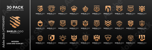 Set of shield security secure defense logo design inspiration. Geometric abstract logo icon vector isolated on white background.