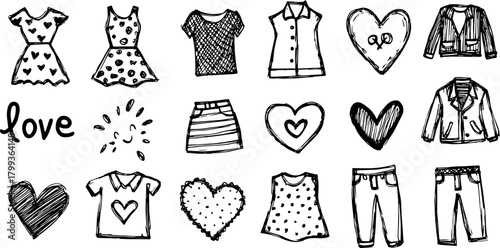 Clothing set featuring dresses, shirts, jackets, and pants. Simple black and white hand-drawn vector illustration with heart motifs.