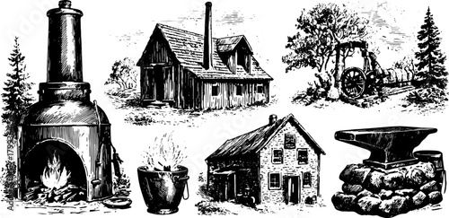 Antique engravings set showcasing various scenes: a house, anvil, fire, and machinery in black outline. Vintage vector illustration of rustic craftsmanship.