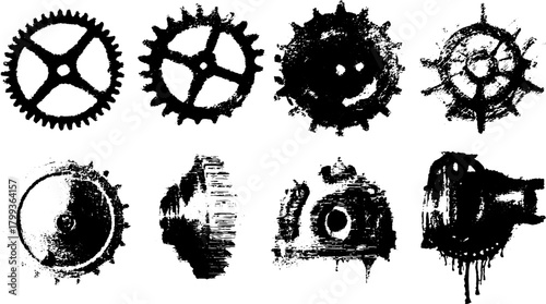 Gears and cogs drawn in vintage style. Black and white vector illustration with various abstract shapes in a set.