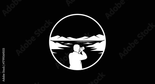 A minimalist black and white logo of a person with binoculars looking at a mountain landscape.