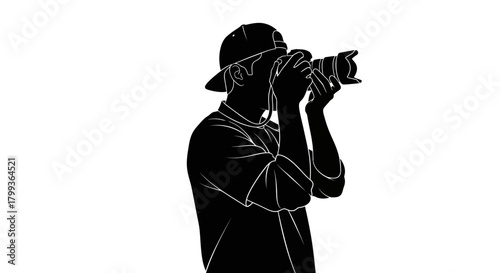 A black silhouette of a person wearing a cap, holding a camera and taking a photo.