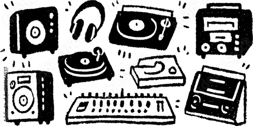 Music equipment illustration featuring headphones, record players, and speakers. Simple vector set showcasing audio devices.