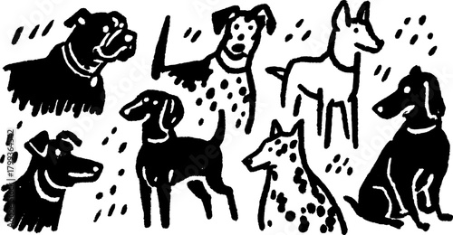 Vector illustration of dogs in various poses. Simple, flat design featuring black and white graphics of playful canines in a set.