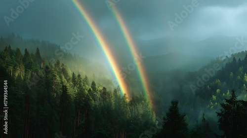 Double rainbow graces a misty evergreen forest creating a magical spectacle
